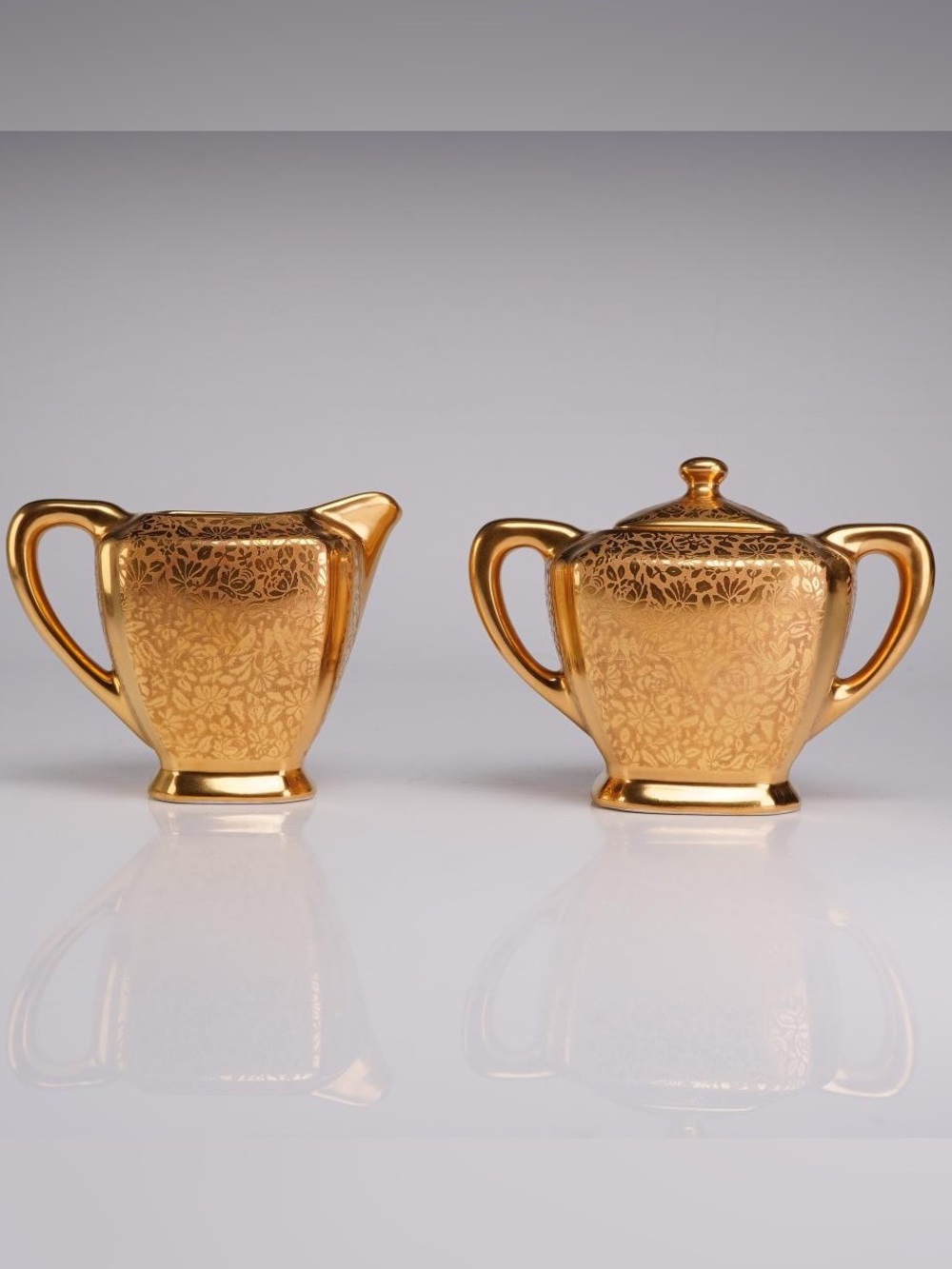 Wheeling Decorating Co. Gold Encrusted Creamer & Covered Sugar Bowl with Lid